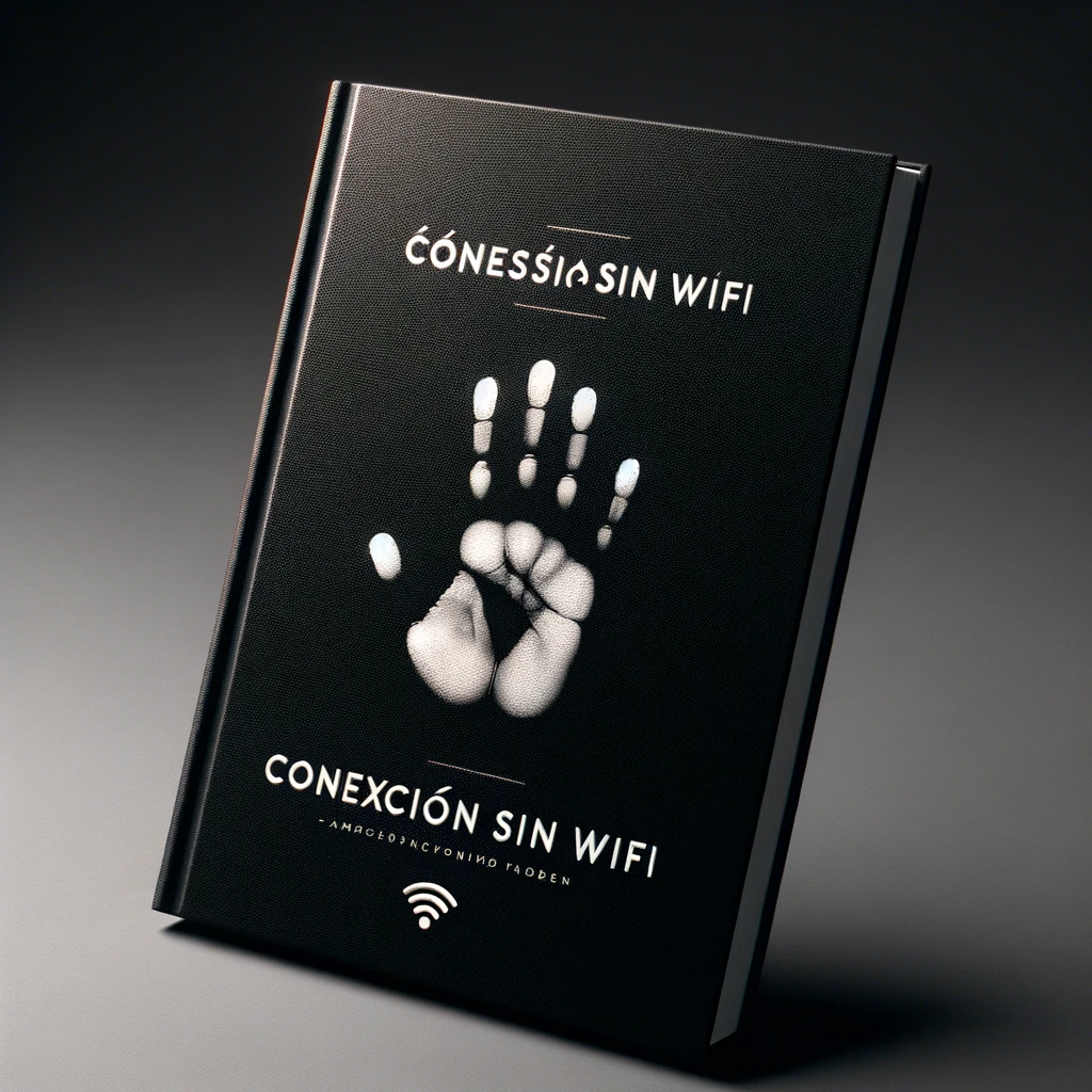 DALL·E 2024-02-09 10.30.33 - Create a hyper-realistic image of a book cover. The cover should be a rich black with the title 'CONEXIÓN SIN WIFI' in white, bold, modern font center