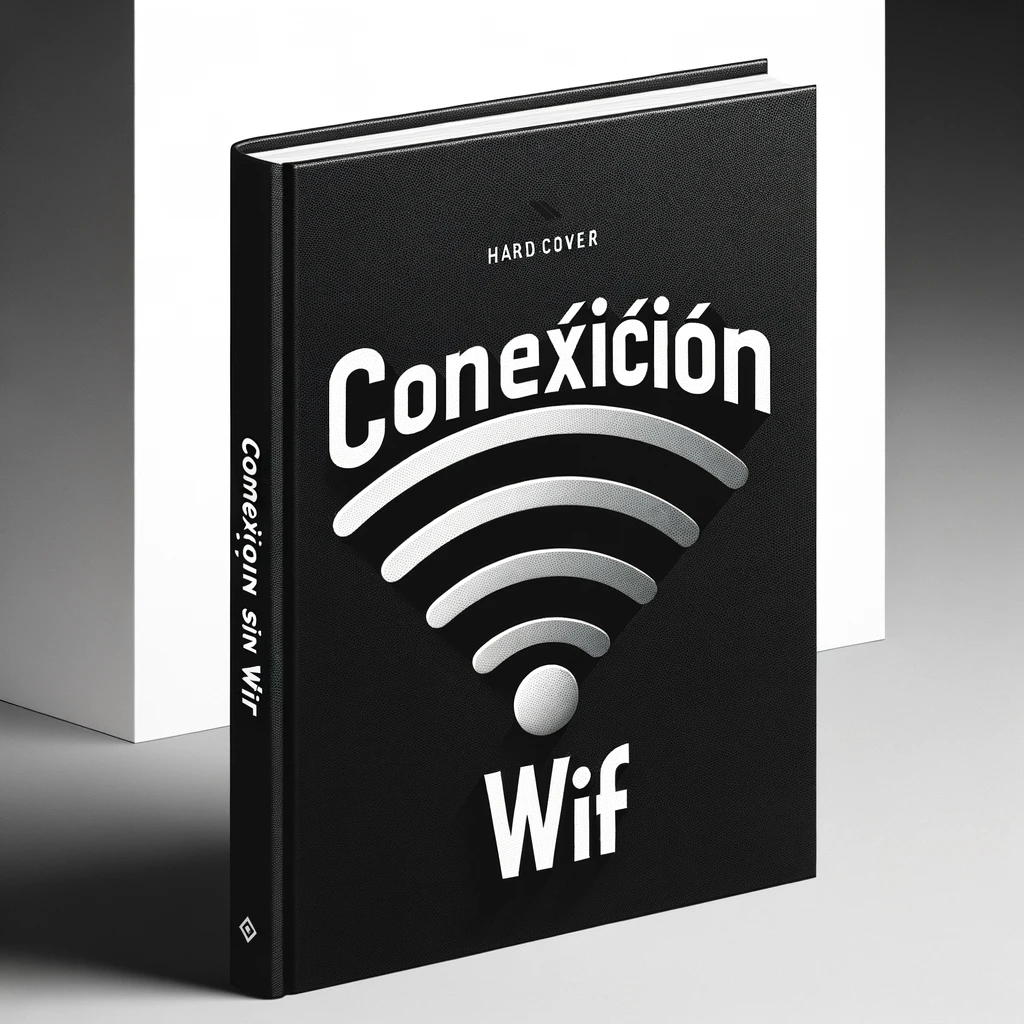 DALL·E 2024-02-09 10.42.08 - Create a sleek and stylish hardcover book design with a solid black background. The title 'CONEXIÓN SIN WIFI' should be featured in the center in larg